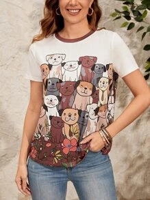 EMERY ROSE Cartoon Graphic Contrast Binding Tee - Multicolor - View 2