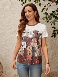EMERY ROSE Cartoon Graphic Contrast Binding Tee - Multicolor - View 1