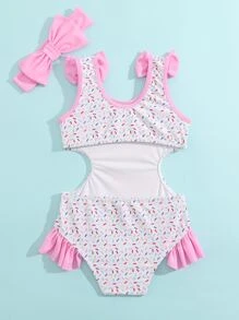 少女全印花剪裁露肩連體泳衣,附加發帶配件 - 白色 - 查看 2