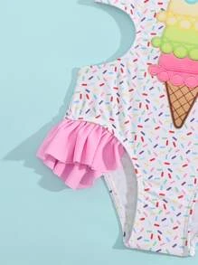 少女全印花剪裁露肩連體泳衣,附加發帶配件 - 白色 - 查看 3