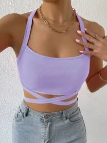 Allurite Áo khoác và áo lót dành cho xe tăng nữ Hội Chữ thập Buộc lại màu trơn Gợi cảm - Màu tím hoa cà - Xem 1