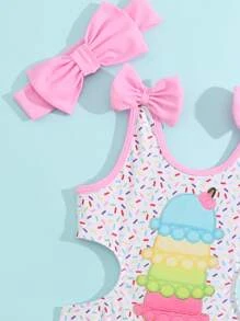 少女全印花剪裁露肩連體泳衣,附加發帶配件 - 白色 - 查看 4