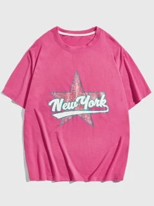 ROMWE MEN Prep Guys Star Letter Graphic Tee - Hot Pink - View 1