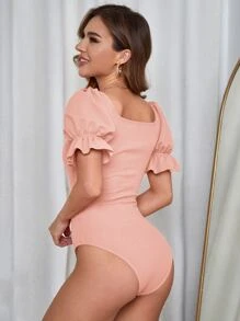 SHEIN Privé 方領泡泡袖T恤連體衣 - 藕粉色 - 查看 3