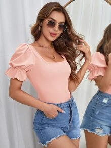 SHEIN Privé 方領泡泡袖T恤連體衣 - 藕粉色 - 查看 4