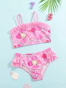 Young Girl Fish Scales Print Ruffle Trim Bikini Set Summer Beach - Pink - View 1