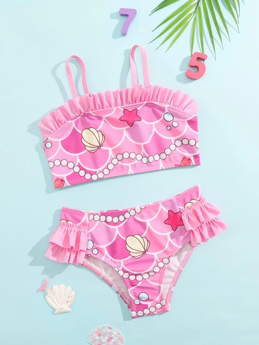 Young Girl Fish Scales Print Ruffle Trim Bikini Set Summer Beach - Pink - View 1
