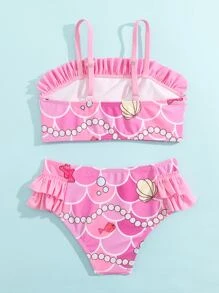 Young Girl Fish Scales Print Ruffle Trim Bikini Set Summer Beach - Pink - View 2