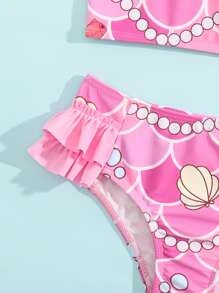 Young Girl Fish Scales Print Ruffle Trim Bikini Set Summer Beach - Pink - View 3