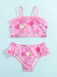 Young Girl Fish Scales Print Ruffle Trim Bikini Set Summer Beach - Pink - View 5