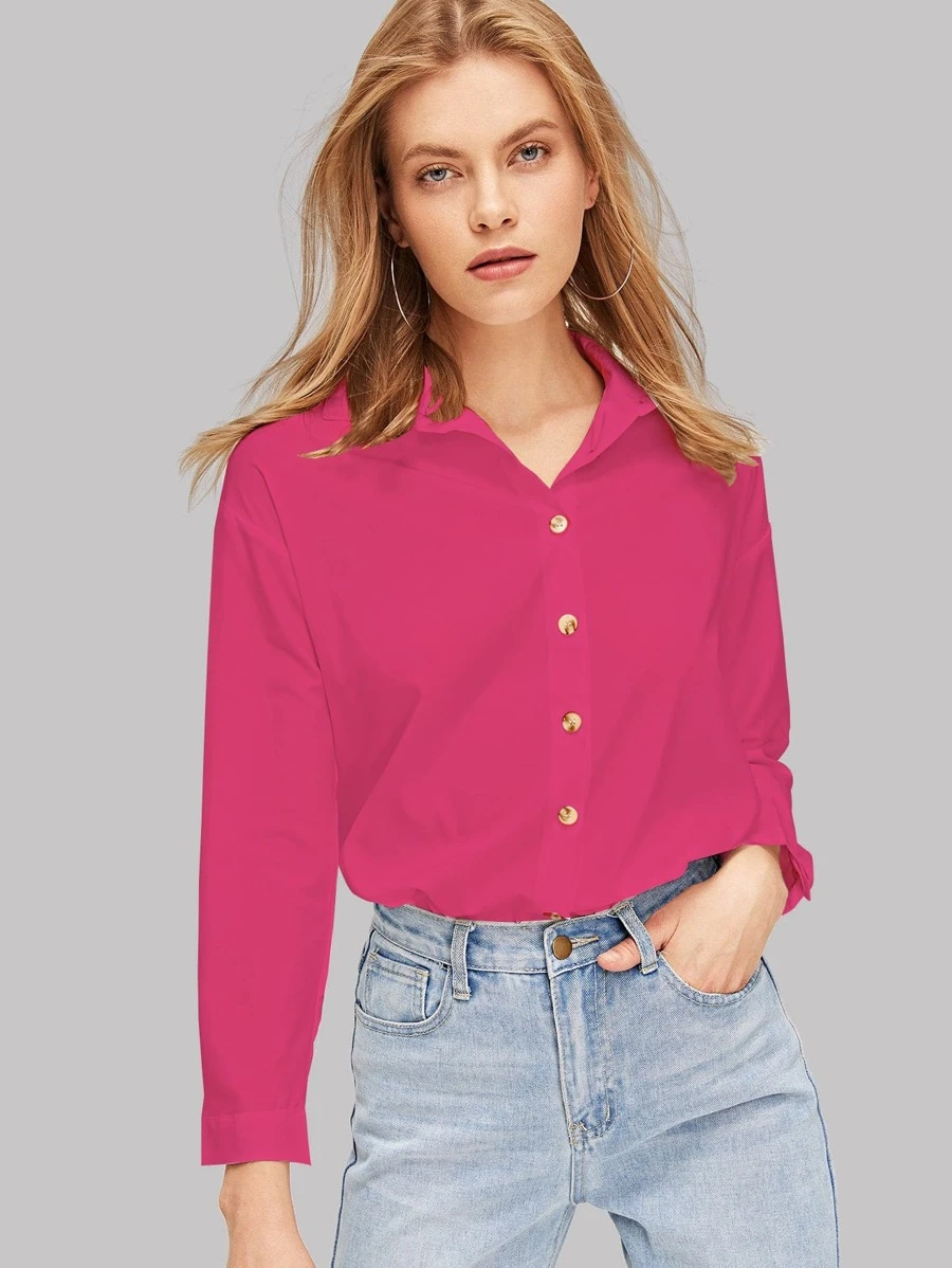 SHEIN Essnce 素色前排扣弧形下擺襯衫 - 玫紅色 - 查看 1