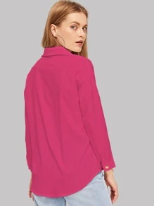 SHEIN Essnce 素色前排扣弧形下擺襯衫 - 玫紅色 - 查看 2