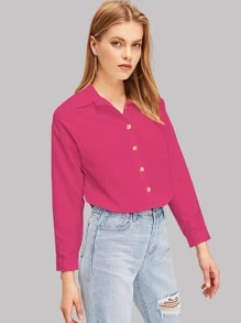 SHEIN Essnce 素色前排扣弧形下擺襯衫 - 玫紅色 - 查看 3