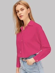 SHEIN Essnce 素色前排扣弧形下擺襯衫 - 玫紅色 - 查看 4