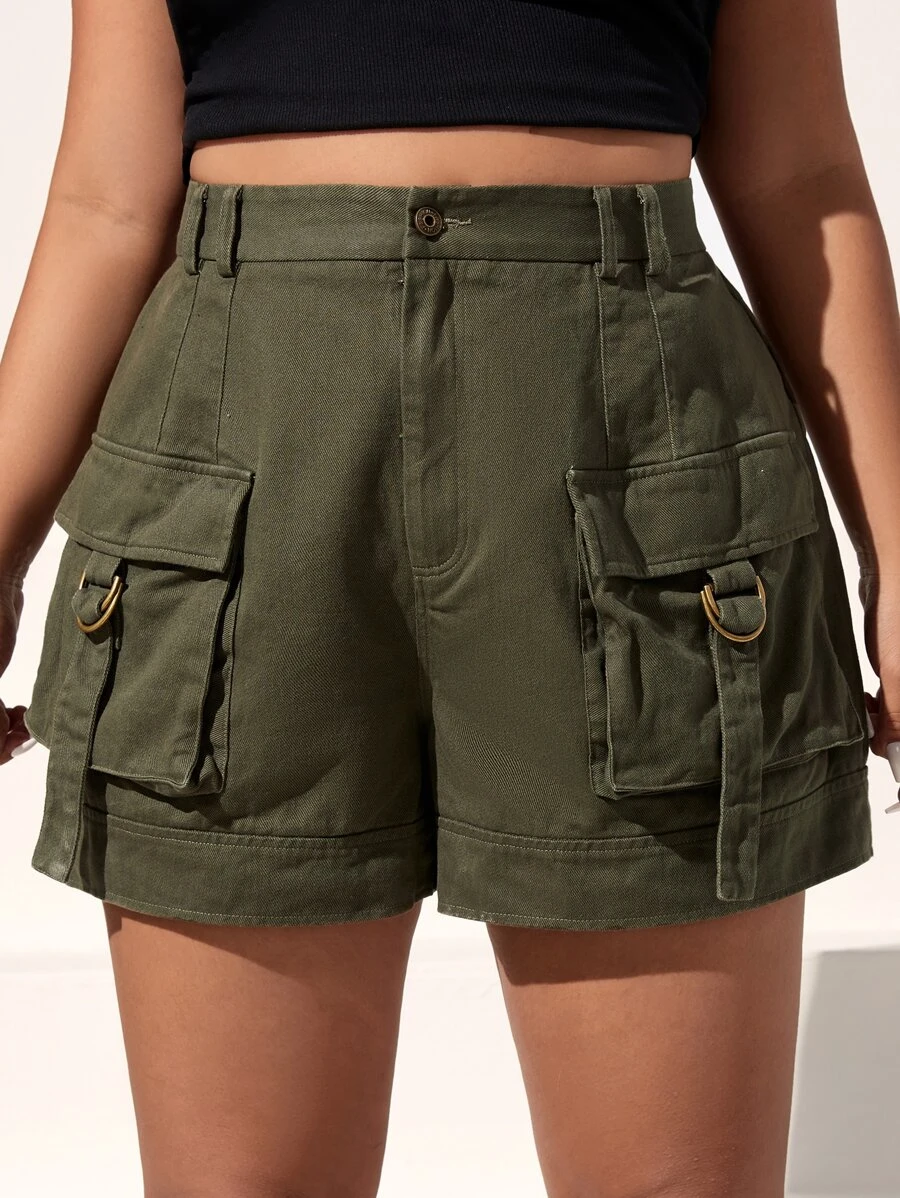 SHEIN EZwear Plus Flap Pocket Ring Detail Shorts - Army Green - View 1