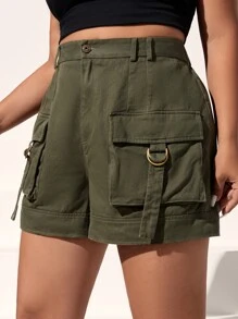 SHEIN EZwear Plus Flap Pocket Ring Detail Shorts - Army Green - View 5