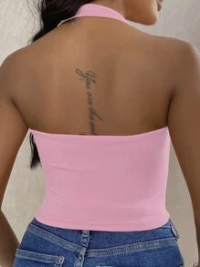 INAWLY 露背條紋針織掛脖上衣 - 淺粉色 - 查看 2