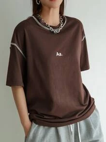 DAZY Letter Graphic Drop Shoulder Top-stitching Tee - Coffee Brown - View 3