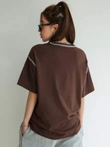 DAZY Letter Graphic Drop Shoulder Top-stitching Tee - Coffee Brown - View 2