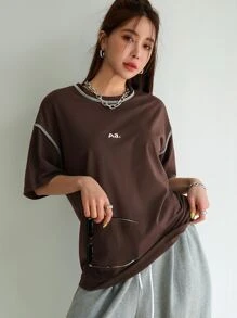 DAZY Letter Graphic Drop Shoulder Top-stitching Tee - Coffee Brown - View 4