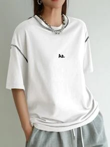 DAZY Letter Graphic Drop Shoulder Top-stitching Tee - White - View 3