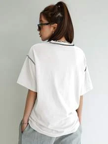 DAZY Letter Graphic Drop Shoulder Top-stitching Tee - White - View 2