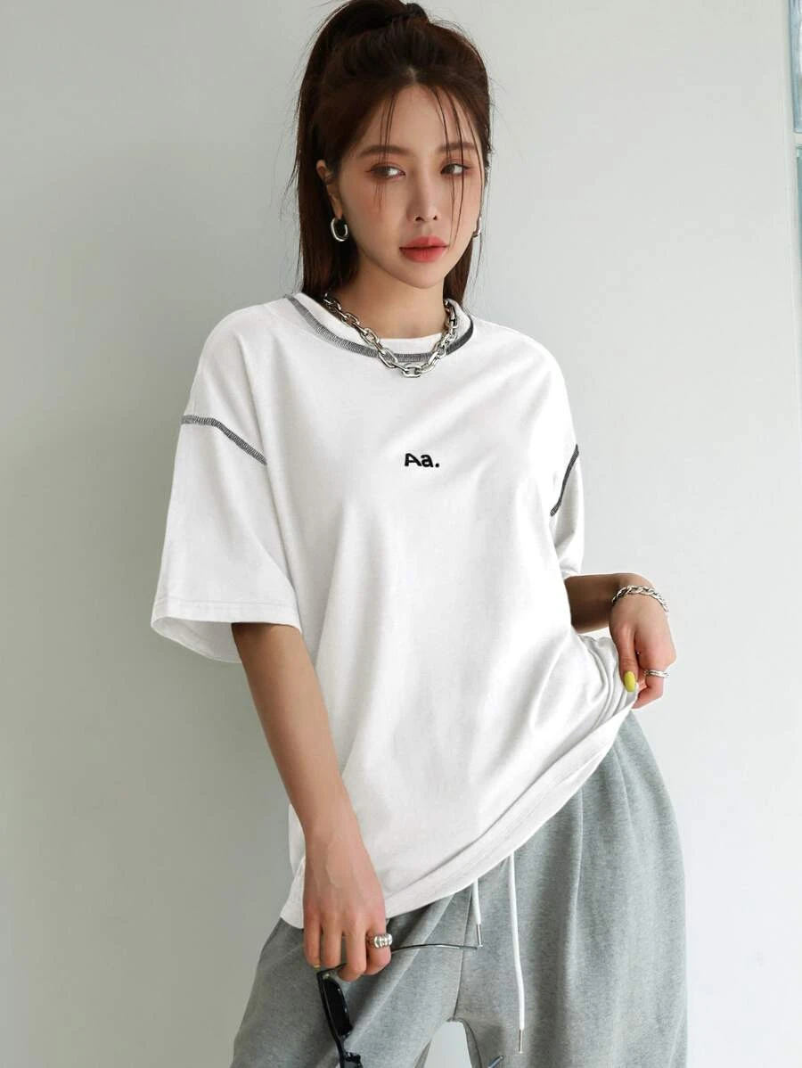 DAZY Letter Graphic Drop Shoulder Top-stitching Tee - White - View 1