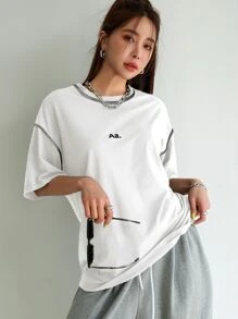 DAZY Letter Graphic Drop Shoulder Top-stitching Tee - White - View 4