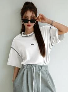 DAZY Letter Graphic Drop Shoulder Top-stitching Tee - White - View 5