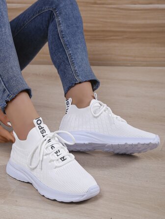 女士繫帶字母織帶裝飾跑步鞋運動戶外織物運動鞋