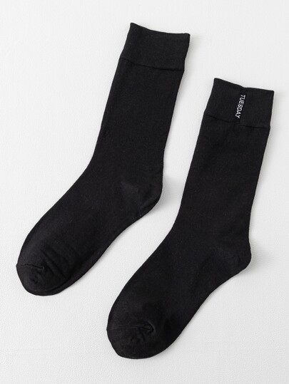 1 Pair Basic Black Business Casual Socks With Tuesday Embroidery For Men, Mid-Calf