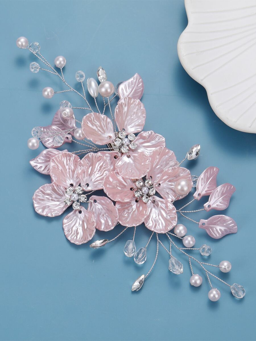 珍珠和花朵裝飾新娘鴨嘴夾 - 粉色 - 查看 1