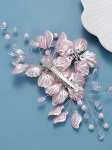 珍珠和花朵裝飾新娘鴨嘴夾 - 粉色 - 查看 2
