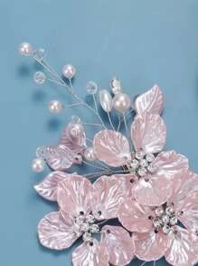 珍珠和花朵裝飾新娘鴨嘴夾 - 粉色 - 查看 3
