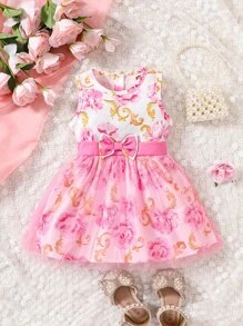 Baby Floral Print Mesh Overlay Bow Front Dress - Multicolor - View 1