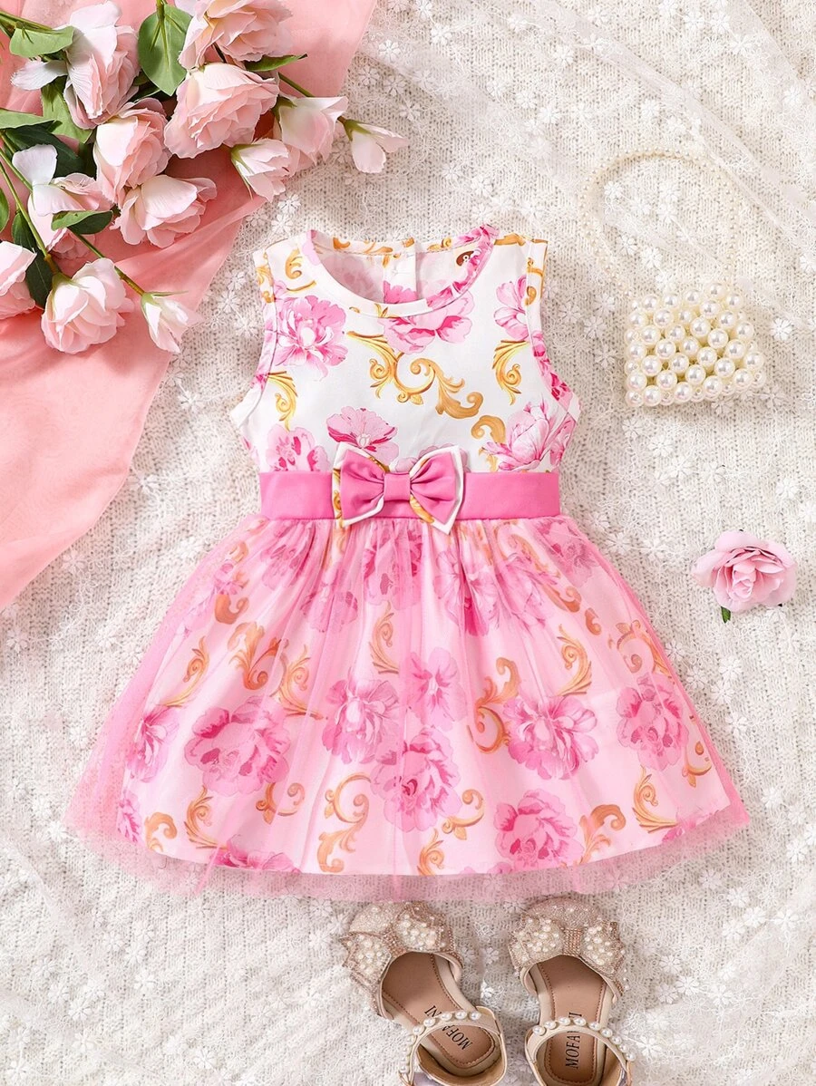 Baby Floral Print Mesh Overlay Bow Front Dress - Multicolor - View 1