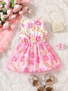 Baby Floral Print Mesh Overlay Bow Front Dress - Multicolor - View 2