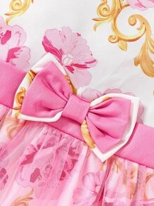 Baby Floral Print Mesh Overlay Bow Front Dress - Multicolor - View 4