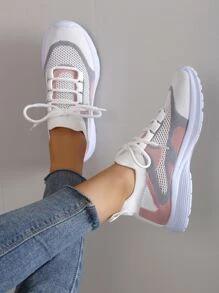 Women Lace Up Color Block Running Shoes,Best For Yoga Sporty Outdoor Multi-Color Fabric Sneakers