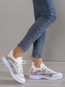 Women Lace Up Color Block Running Shoes,Best For Yoga Sporty Outdoor Multi-Color Fabric Sneakers