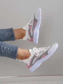 Women Lace Up Color Block Running Shoes,Best For Yoga Sporty Outdoor Multi-Color Fabric Sneakers