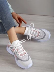 Women Lace Up Color Block Running Shoes,Best For Yoga Sporty Outdoor Multi-Color Fabric Sneakers