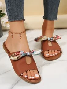 Giày Sandal Nữ Họa Tiết Hoa Thắt Nơ Trang Trí, Dép Trượt Thời Trang Mùa Hè - màu nâu - Xem 3
