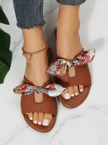 Giày Sandal Nữ Họa Tiết Hoa Thắt Nơ Trang Trí, Dép Trượt Thời Trang Mùa Hè - màu nâu - Xem 4