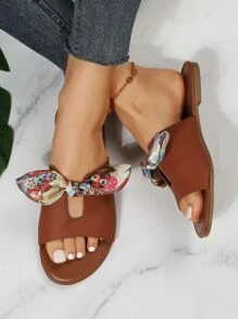 Giày Sandal Nữ Họa Tiết Hoa Thắt Nơ Trang Trí, Dép Trượt Thời Trang Mùa Hè - màu nâu - Xem 5