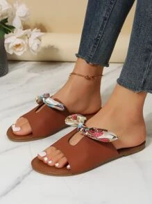 Giày Sandal Nữ Họa Tiết Hoa Thắt Nơ Trang Trí, Dép Trượt Thời Trang Mùa Hè - màu nâu - Xem 6