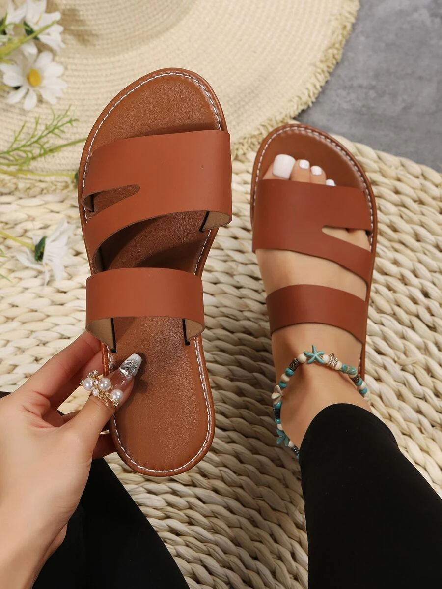 優雅涼拖女士剪裁設計平底涼鞋 - 棕色 - 查看 1