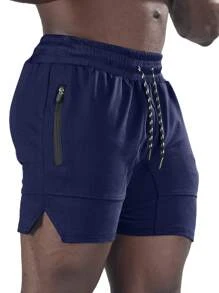 Manfinity Sport Corelite Boyfriend Style Men Zip Pocket Split Hem Drawstring Waist Sports Shorts - Navy Blue - View 1
