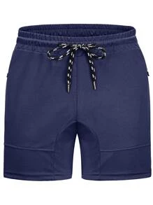 Manfinity Sport Corelite Boyfriend Style Men Zip Pocket Split Hem Drawstring Waist Sports Shorts - Navy Blue - View 4