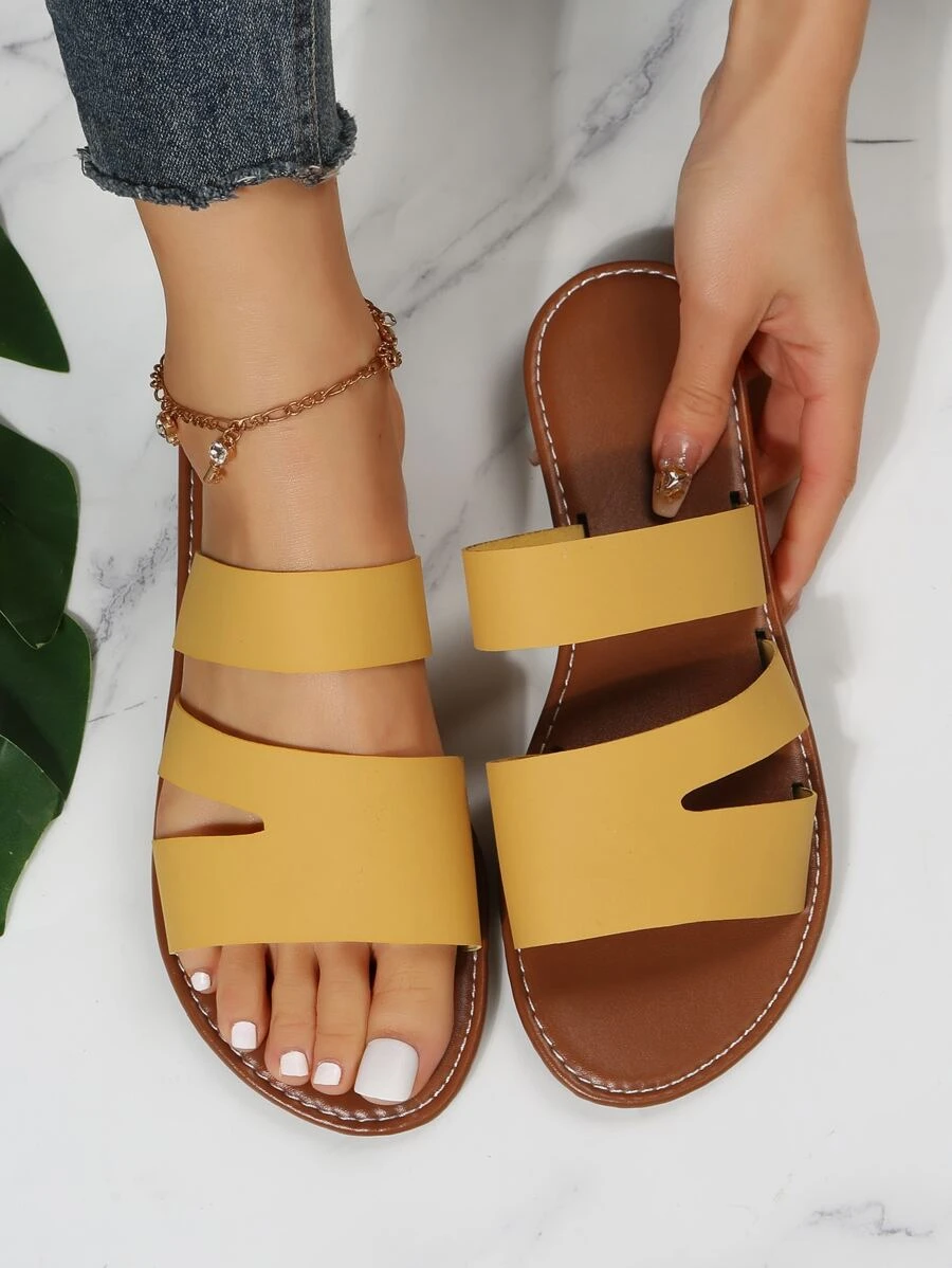 Fashion Yellow Slide Sandals Women Cut Out Design Flat Sandals - Yellow - View 1